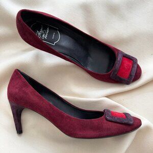 Roger Vivier "Belle Vivier Trompette 70mm Suede Pumps In Burgundy, size 40.5